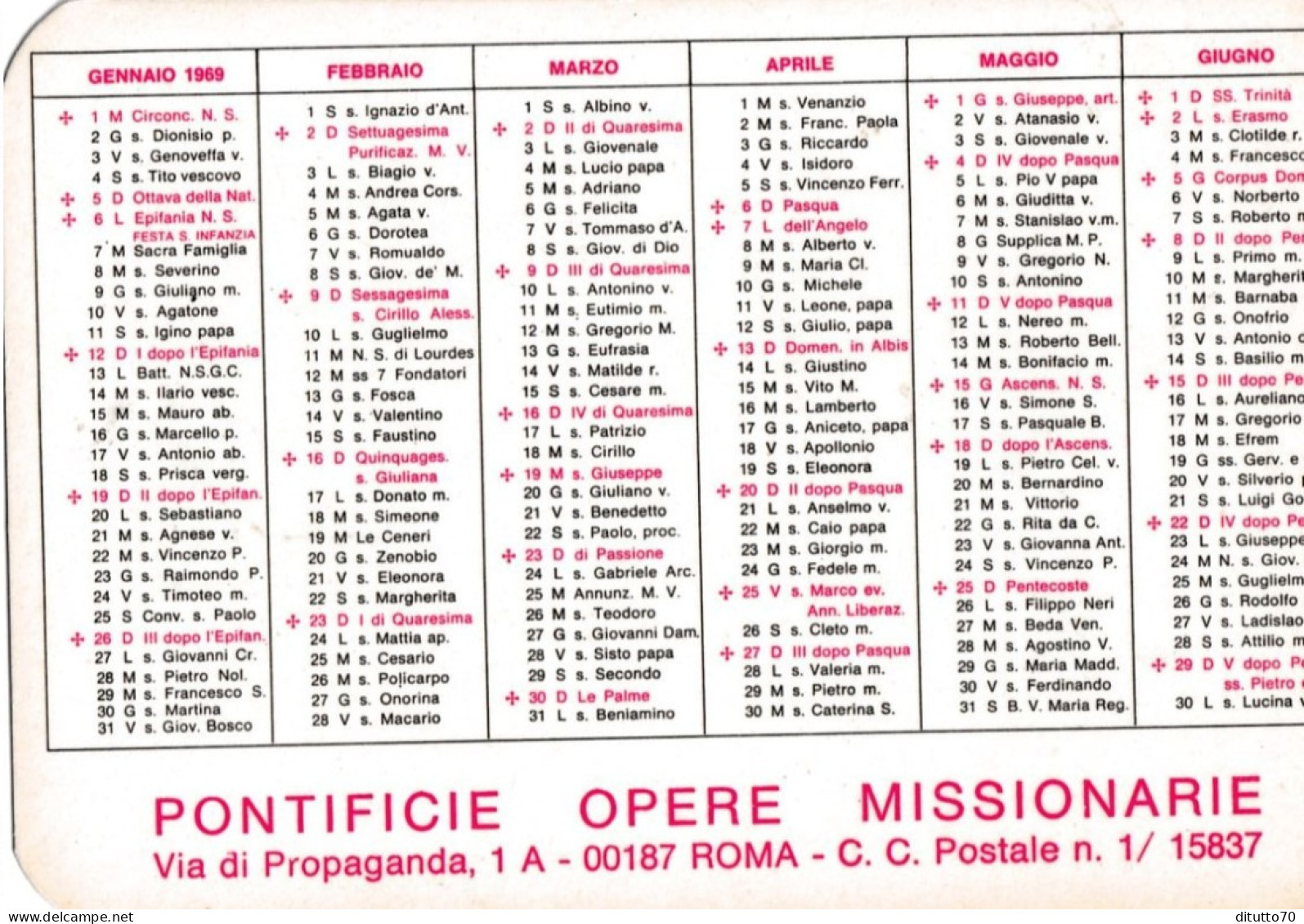 Calendarietto - Pontificie Opere Missionarie - Roma - Anno 1969 - Petit Format : 1961-70