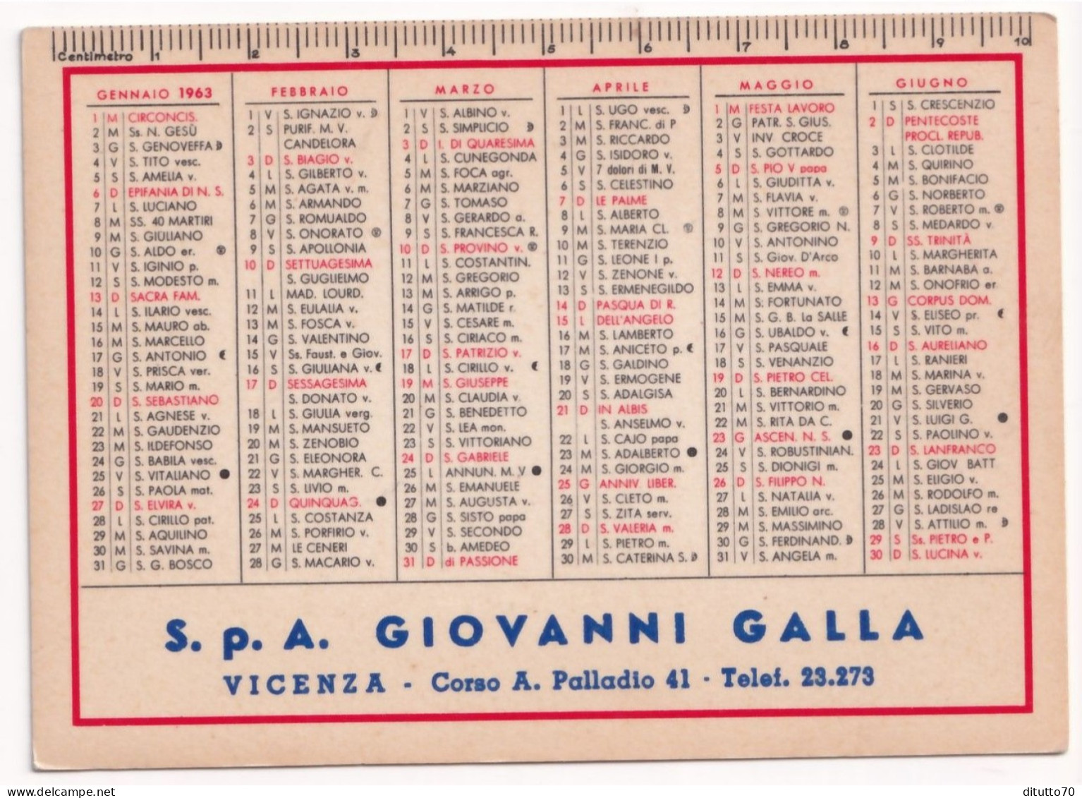 Calendarietto - S.p.a. Giovanni Galla - Vicenza - Anno 1963 - Small : 1961-70