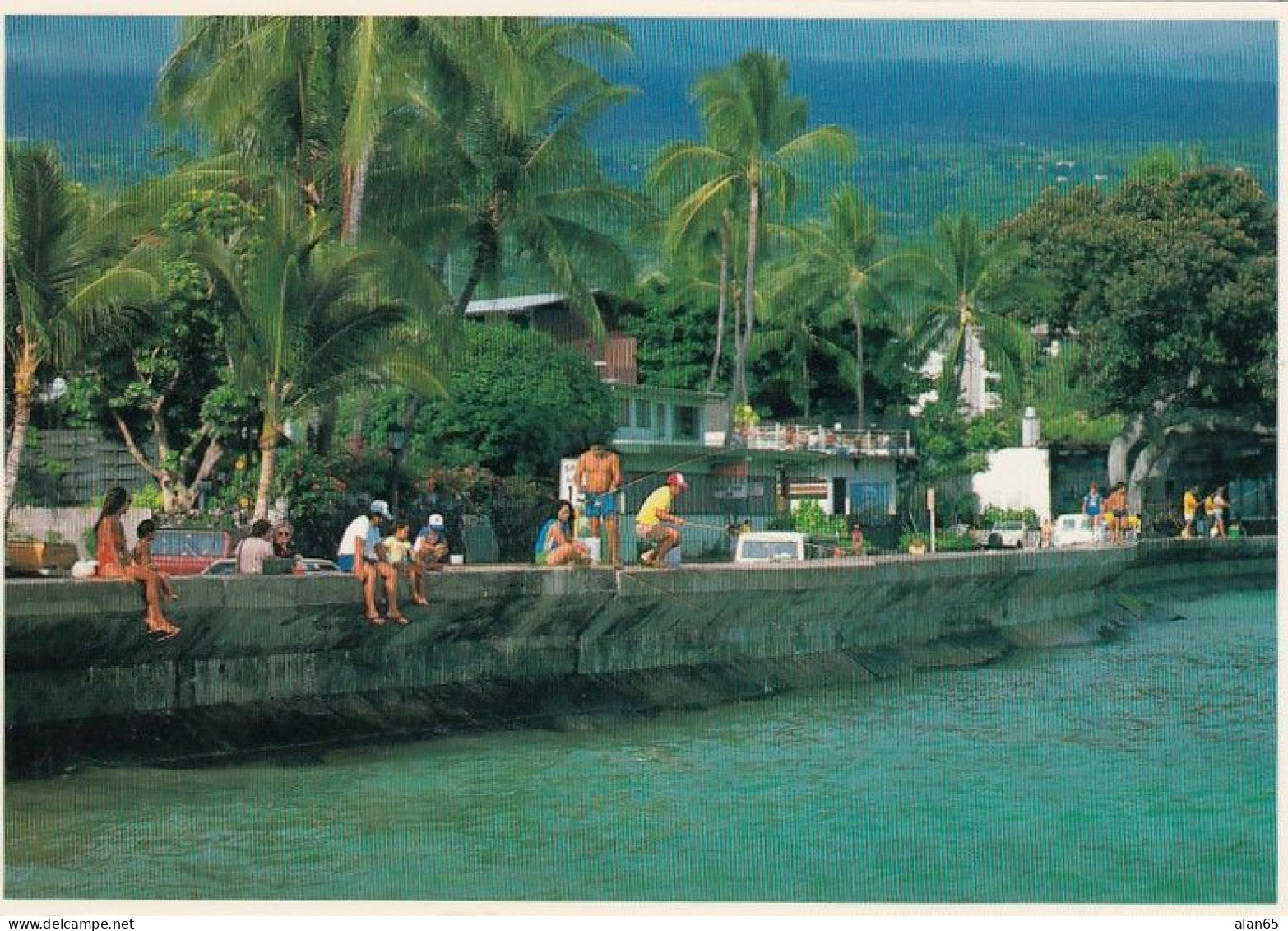 Kailua-Kona Big Island Of Hawaii, Alii Drive Fishing From Sea Wall, C1990s Vintage Postcard - Hawaï