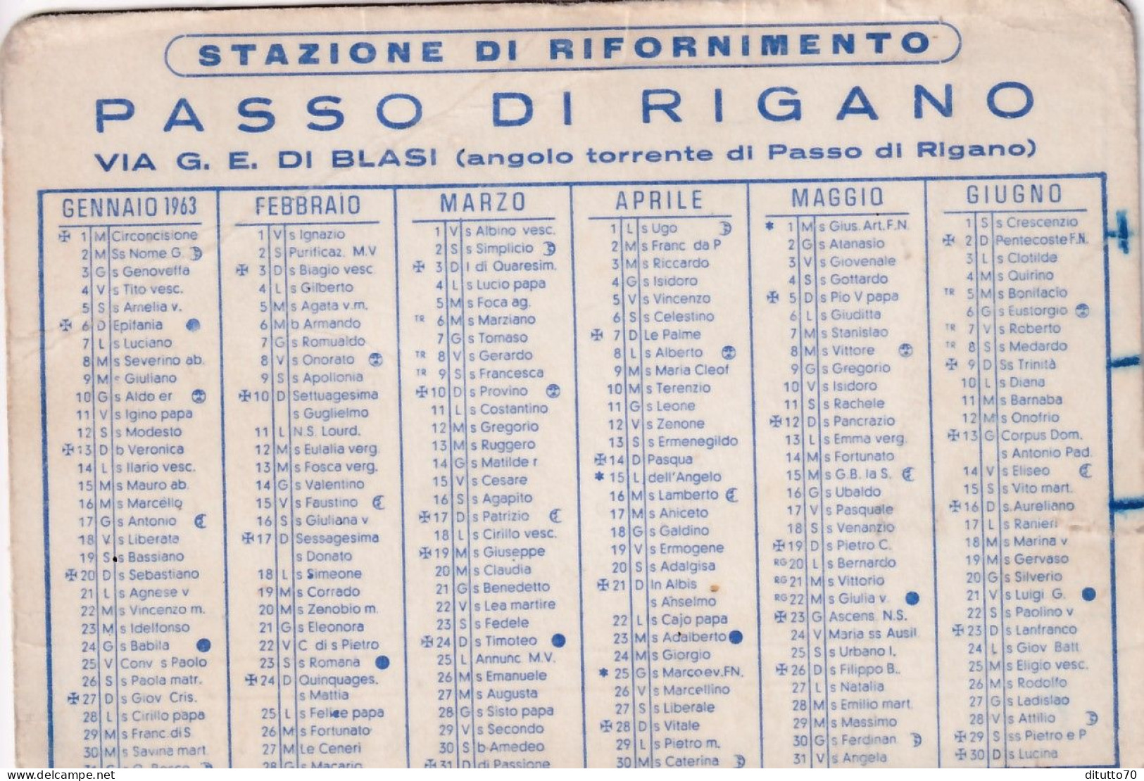 Calendarietto - Stazione Di Rifornimento - Passo Di Rigano - Anno 1963 - Petit Format : 1961-70