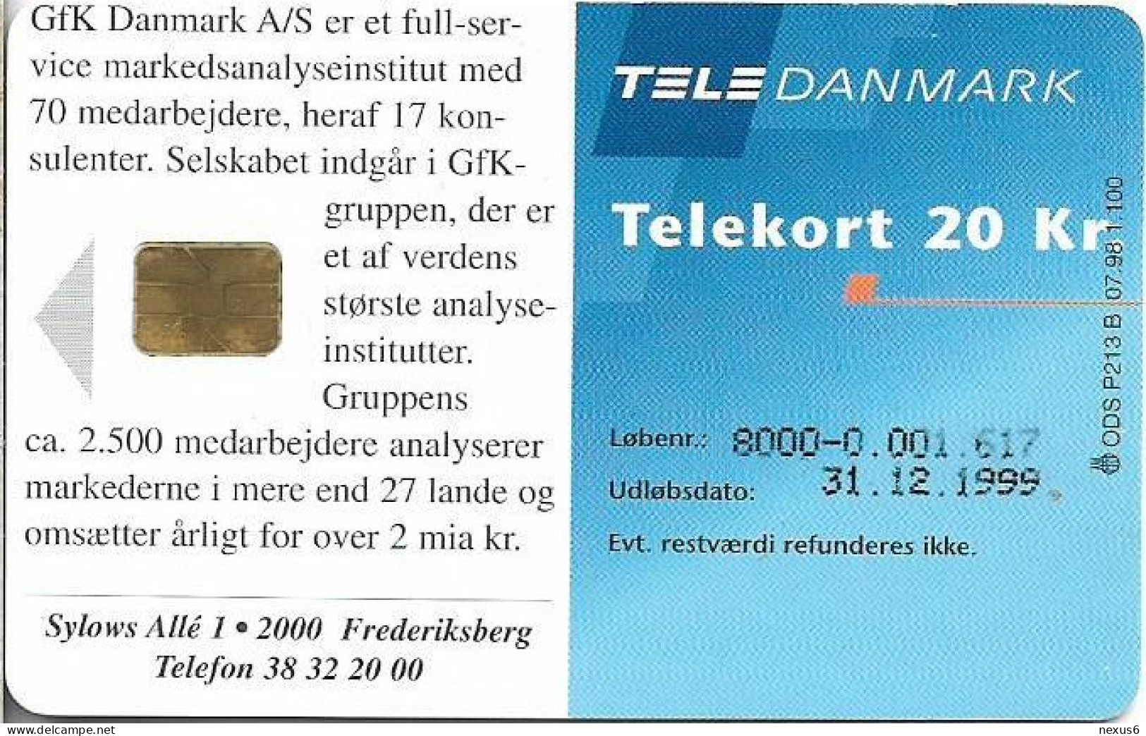 Denmark - Tele Danmark (chip) - GFK Danmark AS - TDP213B - 07.1998, 1.100ex, 20kr, Used - Dänemark