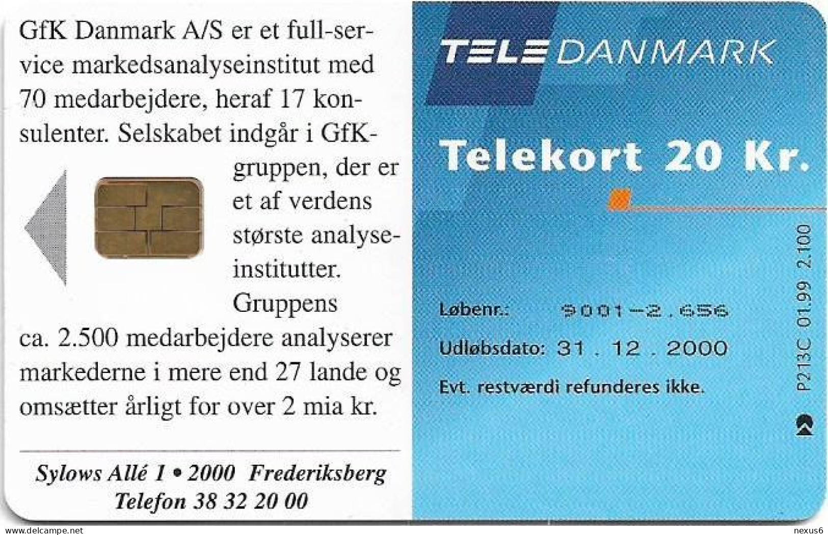 Denmark - Tele Danmark (chip) - GFK Danmark AS - TDP213C - 01.1999, 2.100ex, 20kr, Used - Dänemark