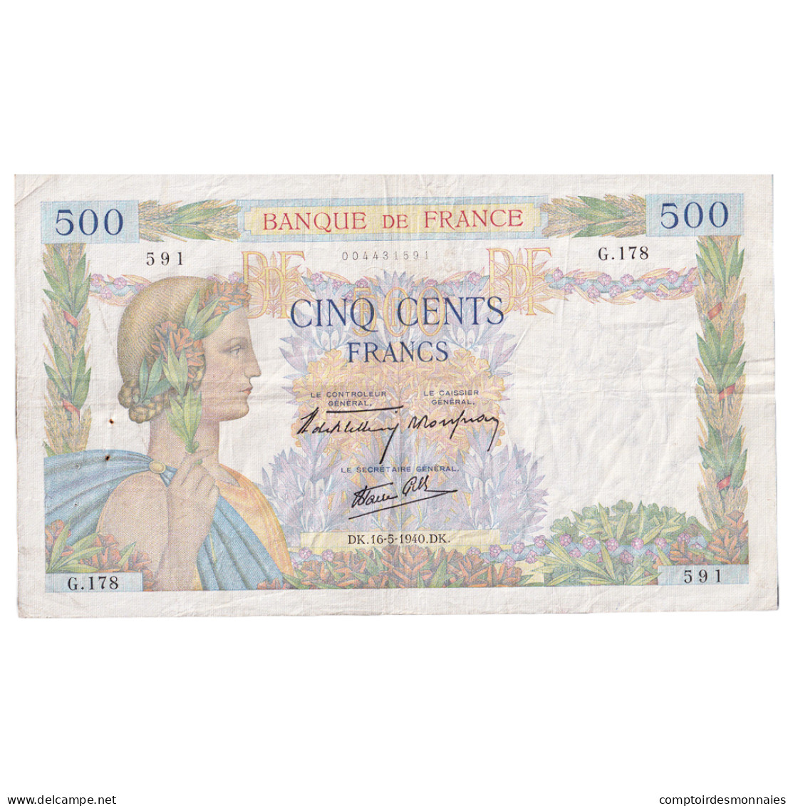 France, 500 Francs, La Paix, 1940, G.178, TTB, Fayette:32.02, KM:95a - 500 F 1940-1944 ''La Paix''