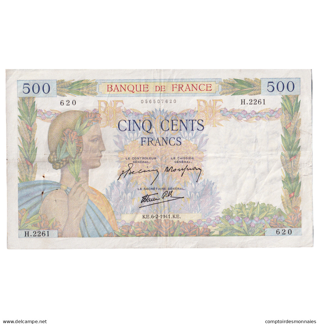 France, 500 Francs, La Paix, 1941, H.2261, TTB, Fayette:32.14, KM:95b - 500 F 1940-1944 ''La Paix''