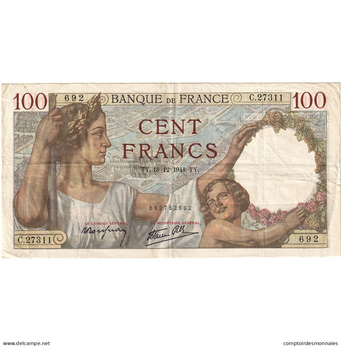 France, 100 Francs, Sully, 1941, C.27311, TB+, Fayette:26.63, KM:94 - 100 F 1939-1942 ''Sully''