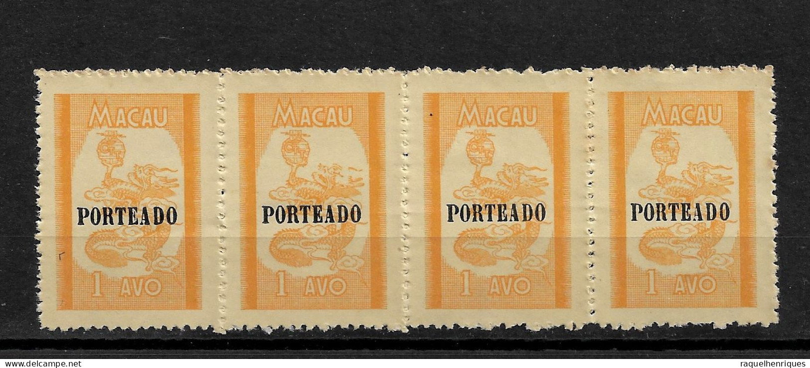 MACAU POSTAGE DUE 1951 Dragon - Overprinted PORTEADO STRIP OF 4 MNH (NP#67-P28-L8) - Postage Due