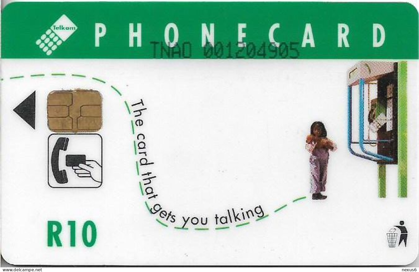 S. Africa - Telkom - Boy On A Tin Phone, (Cn. In 2 Parts, Dashed Ø, Thin, On Green Surface), Chip Siemens S30, 1995, 10R - Sudafrica