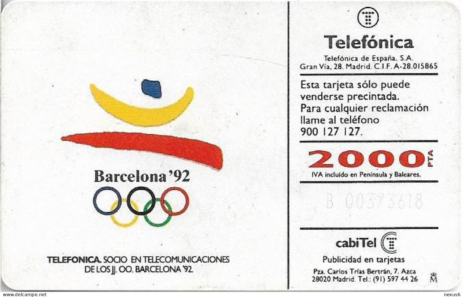 Spain - Telefónica - Olympics Barcelona '92 - Cartel I - CP-015 - 06.1992, 2.000PTA, 30.000ex, Used - Conmemorativas Y Publicitarias