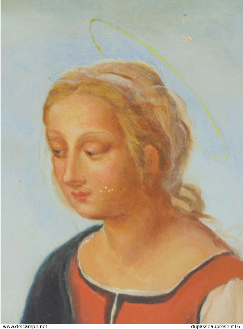 -PORTRAIT HSP BOIS ACAJOU Ste VIERGE Auréolée signé D DENIS 1933 d'ap RAPHAEL    E