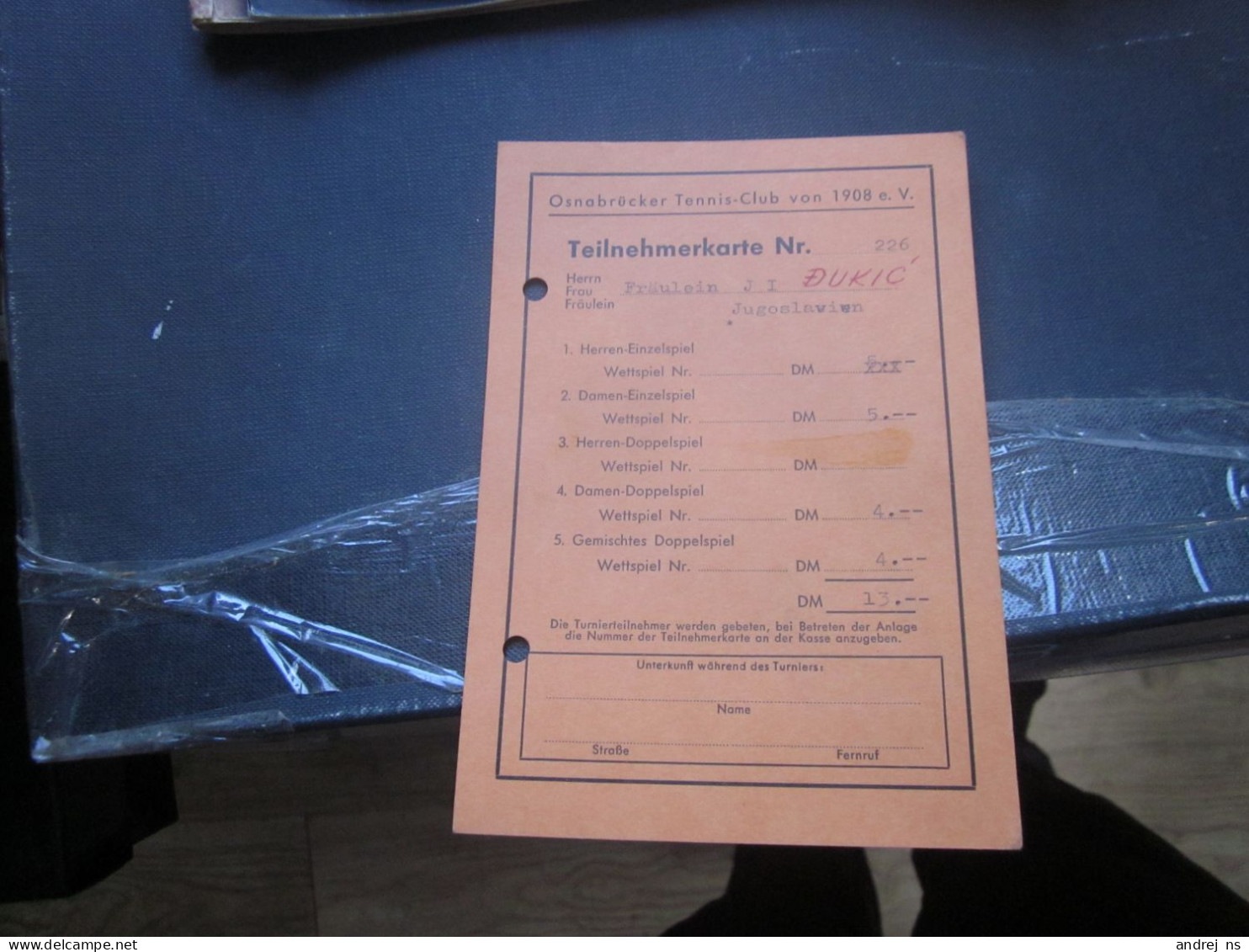 Osnabrucker Tennis Club Von 1908 E V Teilnehmerkarte Nr 226 - Andere & Zonder Classificatie