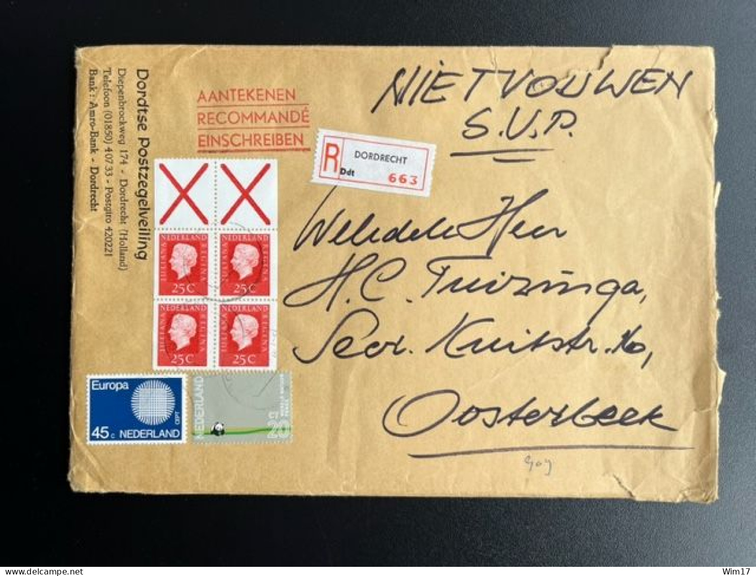 NETHERLANDS 1971 REGISTERED LETTER DORDRECHT TO OOSTERBEEK NEDERLAND AANGETEKEND - Cartas & Documentos