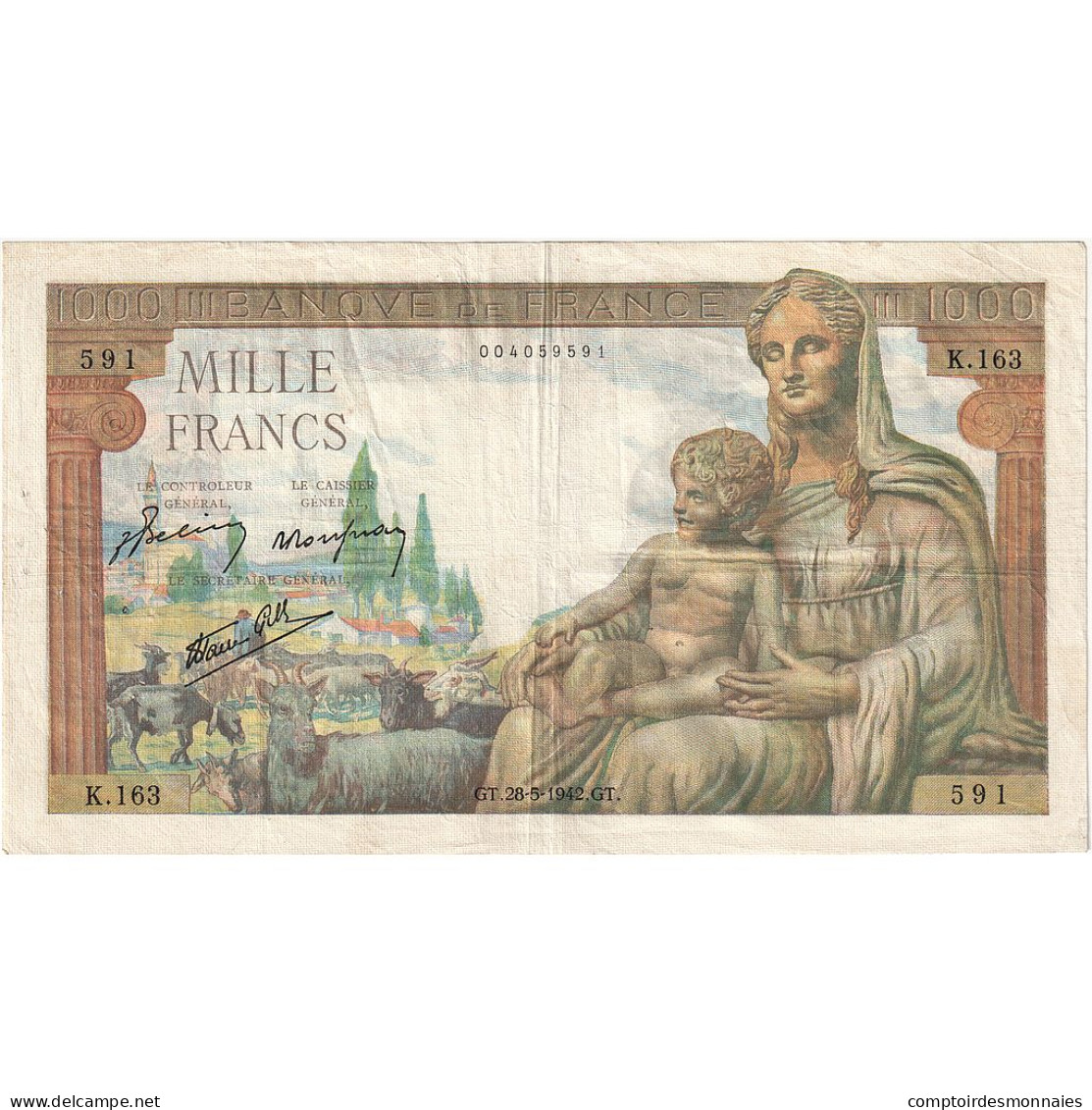 France, 1000 Francs, Déesse Déméter, 1942, K.163, TTB, Fayette:40.01, KM:102 - 1 000 F 1942-1943 ''Déesse Déméter''