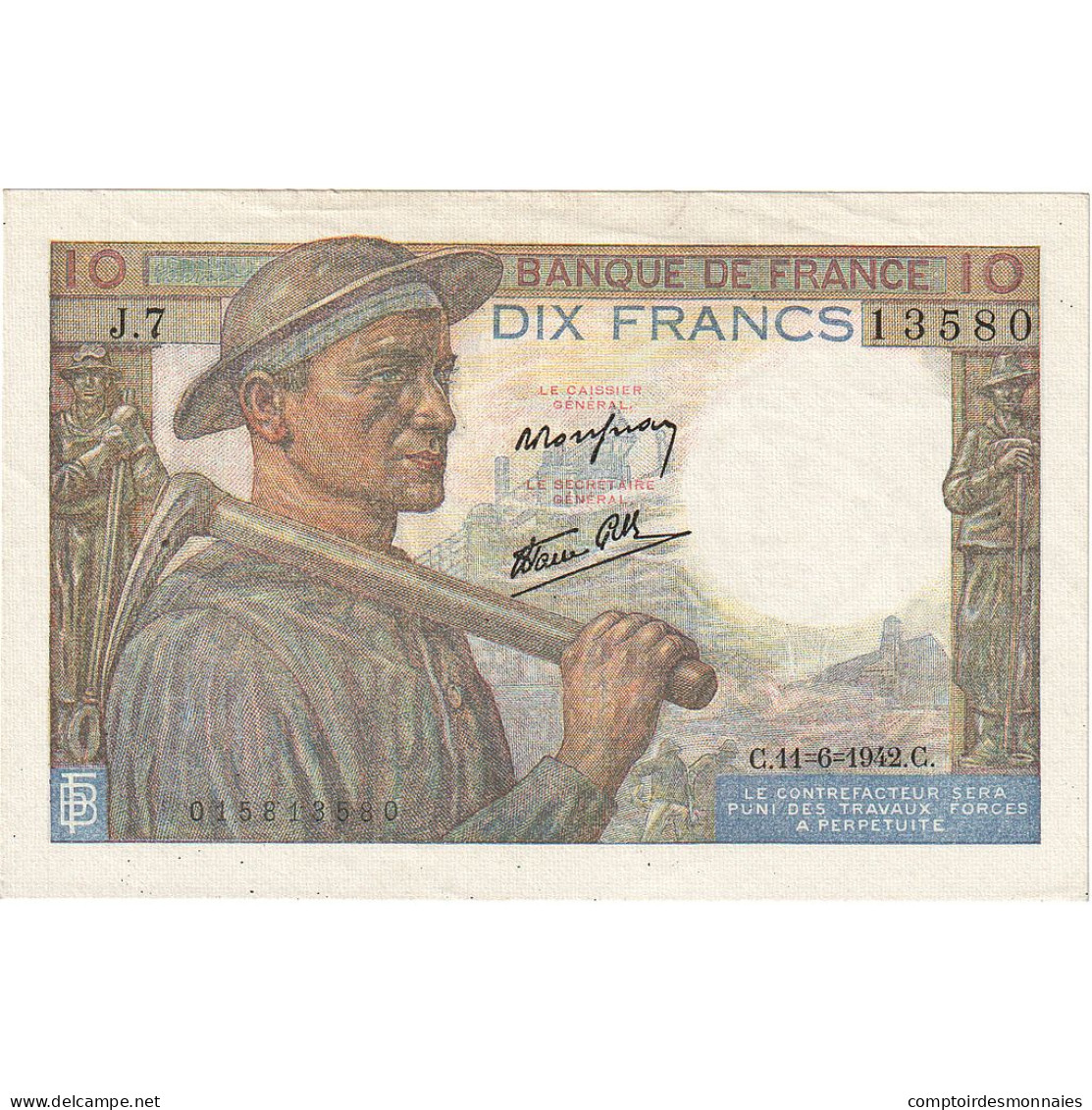 France, 10 Francs, Mineur, 1942, J.7, SUP, Fayette:8.03, KM:99c - 10 F 1941-1949 ''Mineur''