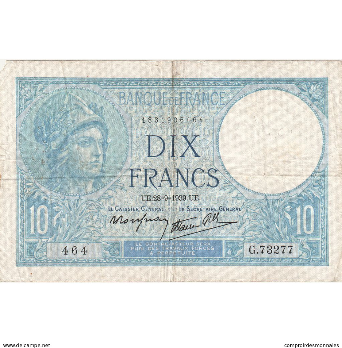 France, 10 Francs, Minerve, 1939, G.73277, TTB, Fayette:07.9, KM:84 - 10 F 1916-1942 ''Minerve''