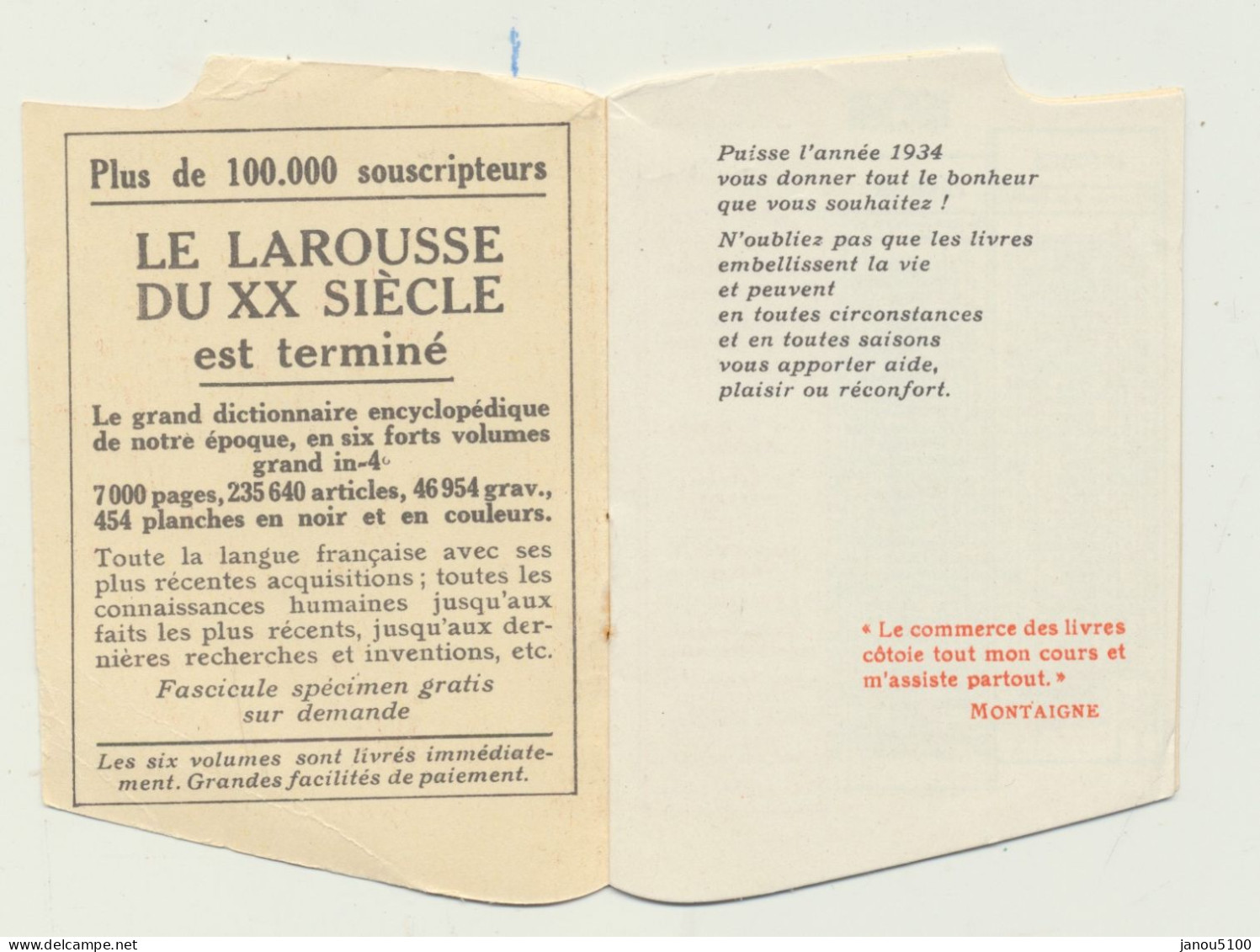 VIEUX PAPIERS     PETIT CALENDRIER    "  LAROUSSE    1934  ". - Petit Format : 1921-40