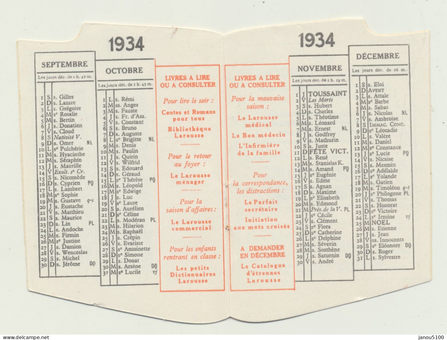 VIEUX PAPIERS     PETIT CALENDRIER    "  LAROUSSE    1934  ". - Petit Format : 1921-40