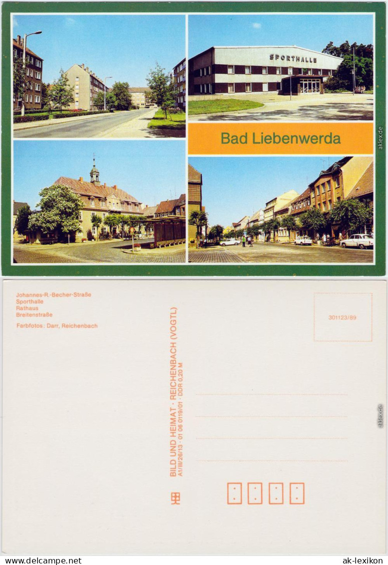 Ansichtskarte Bad Liebenwerda Sporthalle, Rathaus, Straßen 1989 - Bad Liebenwerda