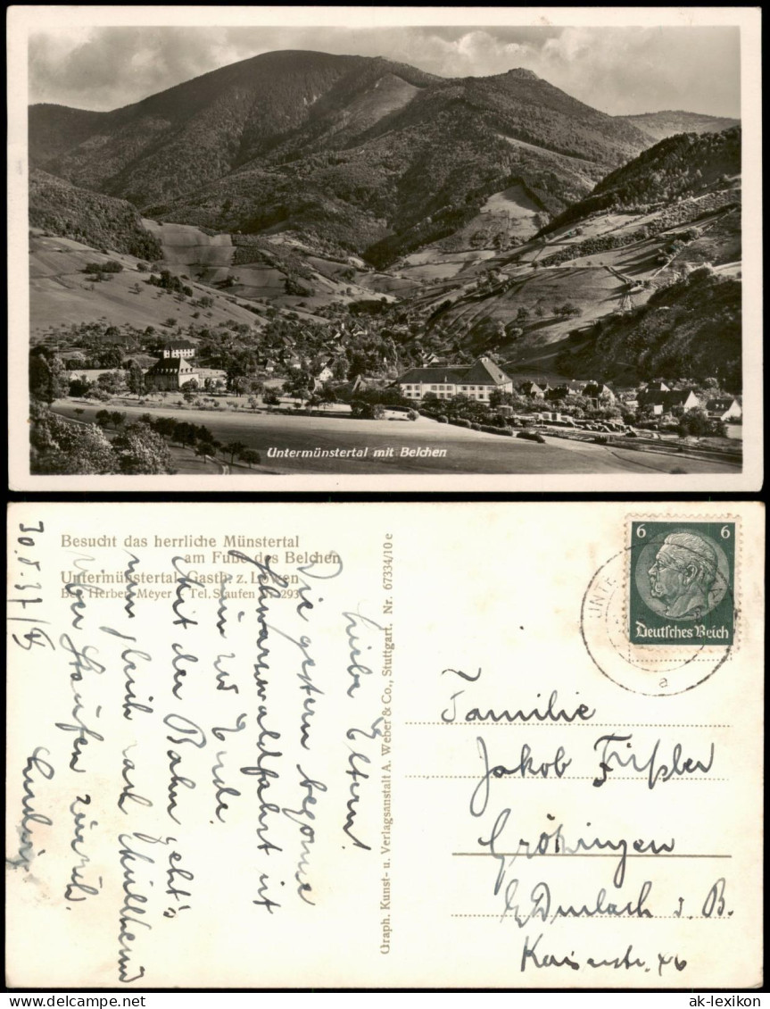 Münstertal/Schwarzwald Ortspanorama Mit Untermünstertal Mit Belchen 1937 - Muenstertal