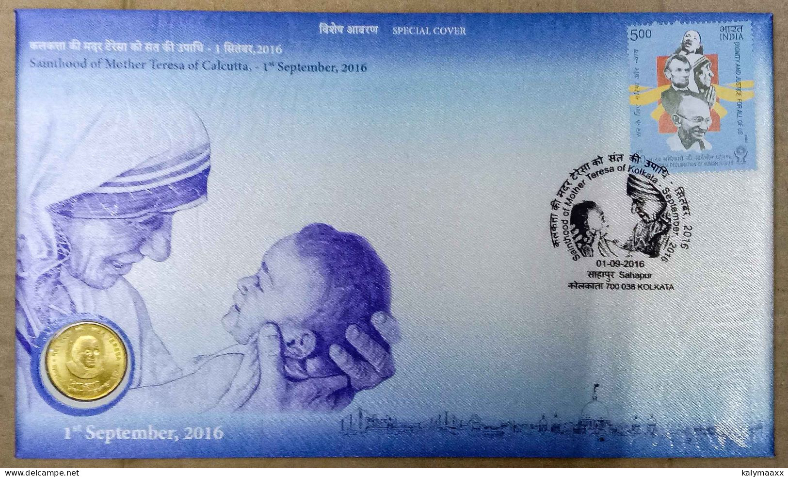 INDIA 2016 SAINTHOOD OF MOTHER TERESA, SPECIAL COIN COVER OF MOTHER TERESA, SPECIAL COVER, LIMITED ISSUE - Moeder Teresa