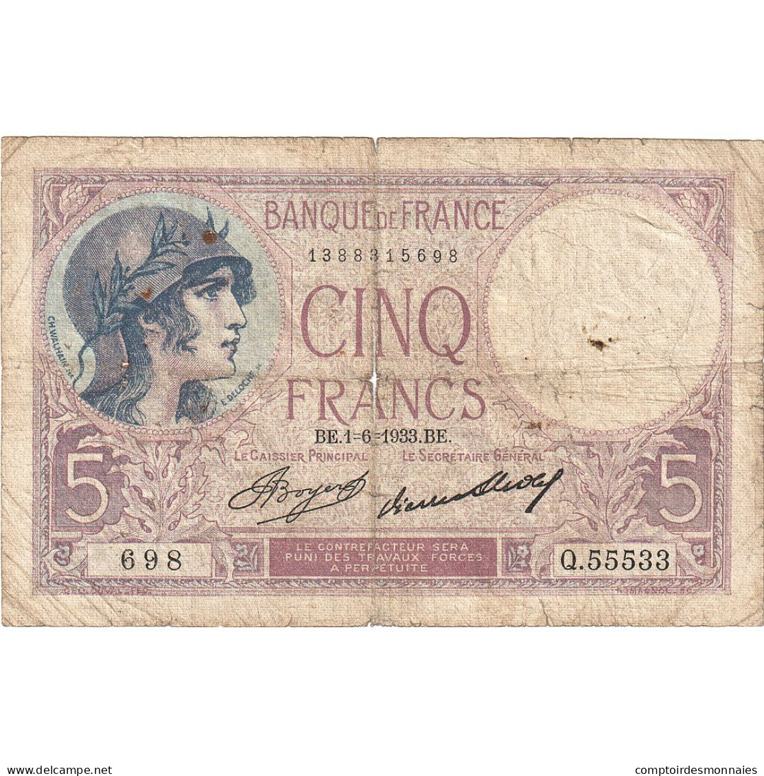 France, 5 Francs, Violet, 1933, Q.55533, AB, Fayette:03.17, KM:72e - 5 F 1917-1940 ''Violet''