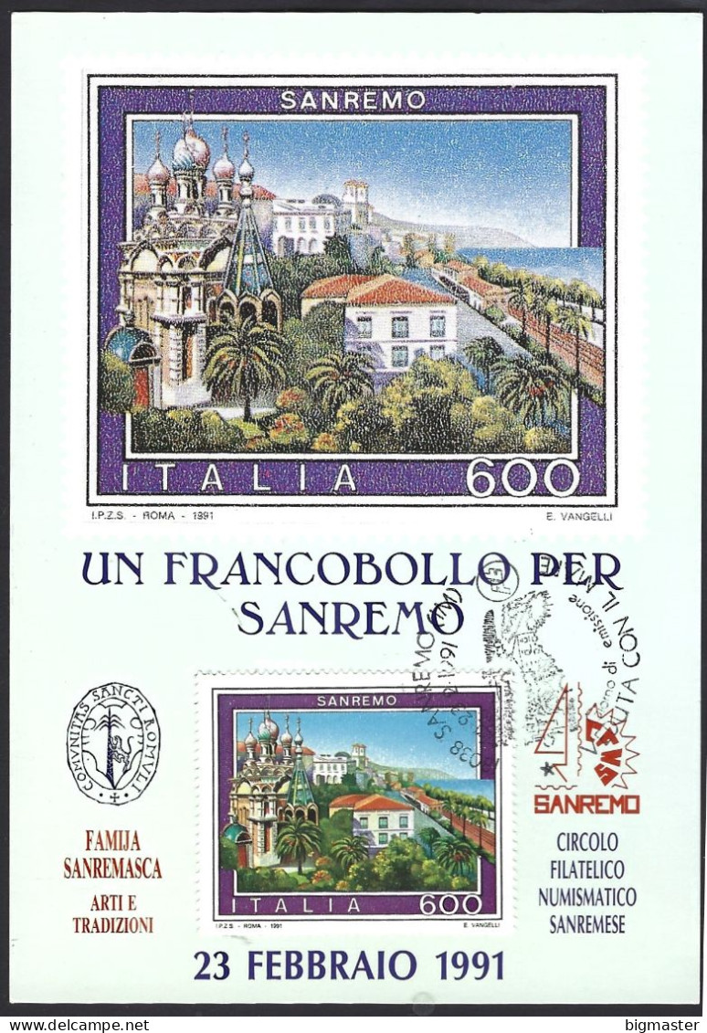 Maxi Card 1991 Un Francobollo Per San Remo Fdc - Maximumkaarten