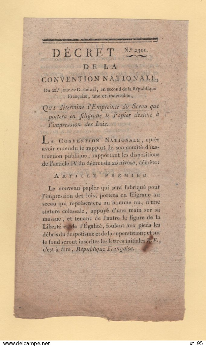 Decret De La Convention Nationale - An 2 - Empreinte Du Sceau Que Portera En Filigrane Le Papier Des Lois - 1701-1800: Precursores XVIII