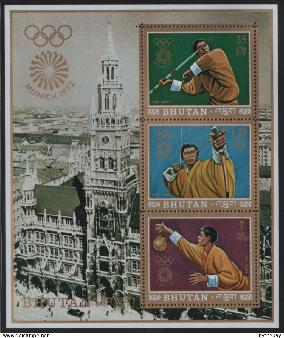Bhutan 1972 MNH Sc 147h Javelin, Archery, Handball Munich Olympics Sheet Of 3 - Bhoutan