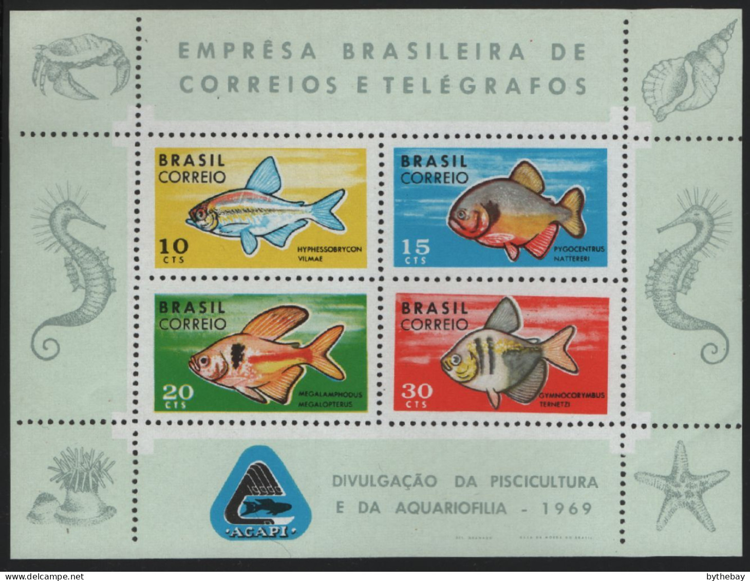 Brazil 1969 MNH Sc 1130 Fish Sheet Of 4 - Unused Stamps