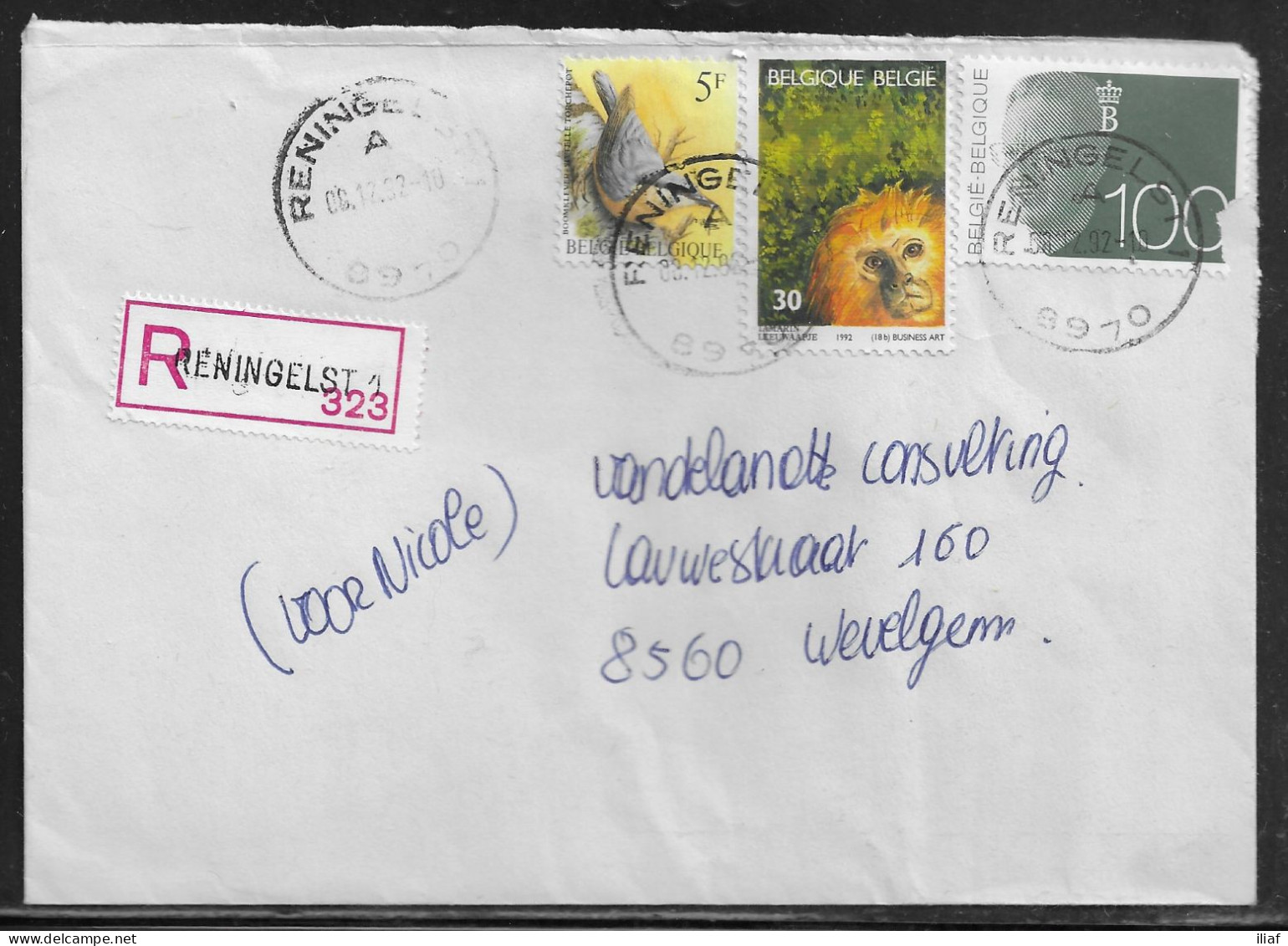 Belgium. Stamps Mi. 2539, Mi. 2346, Mi. 2513 On Registered Letter Sent From Reningelst On 6.12.1992 For Wevelgem. - Briefe U. Dokumente