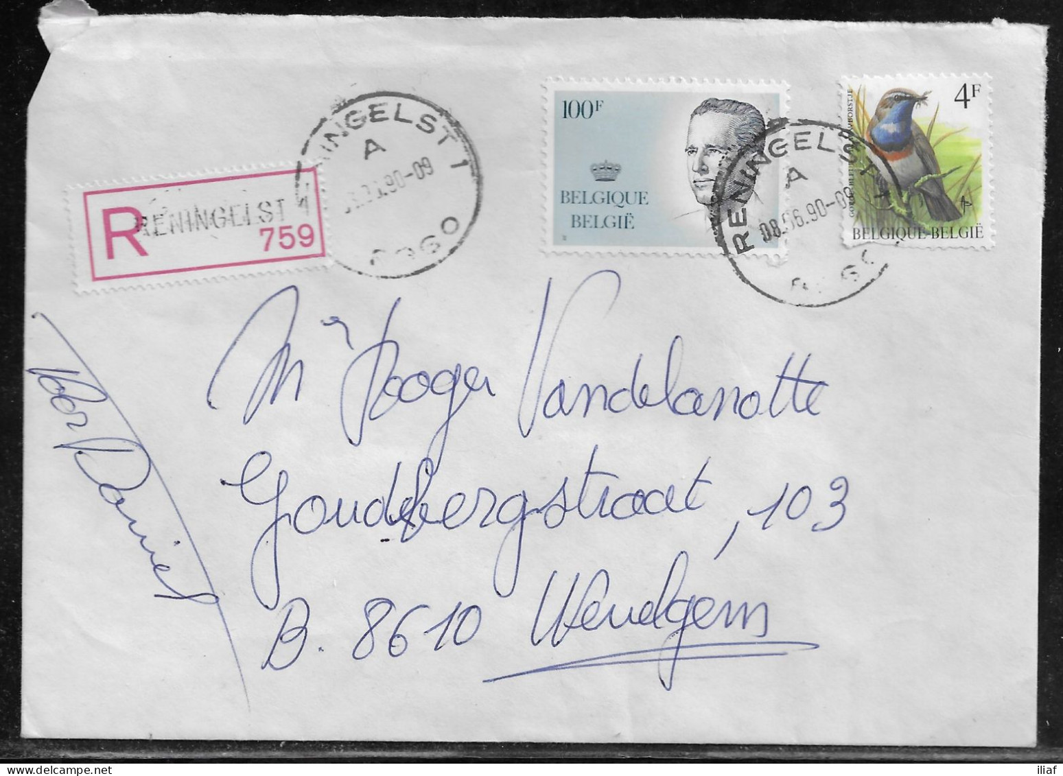 Belgium. Stamps Mi. 2189, Mi. 2373 On Registered Letter Sent From Reningelst On 8.06.1990 For Wevelgem. - Briefe U. Dokumente