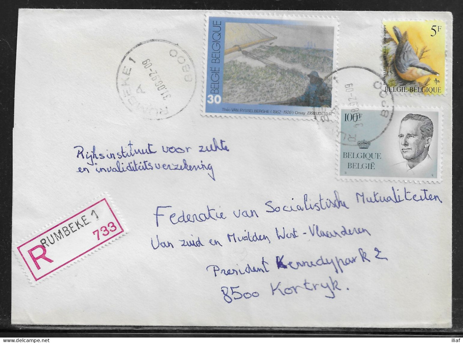 Belgium. Stamps Mi. 2187, Mi. 2189, Mi. 2501 On Registered Letter Sent From Nieuwerke On 11.09.1992 For Kortrijk. - Briefe U. Dokumente