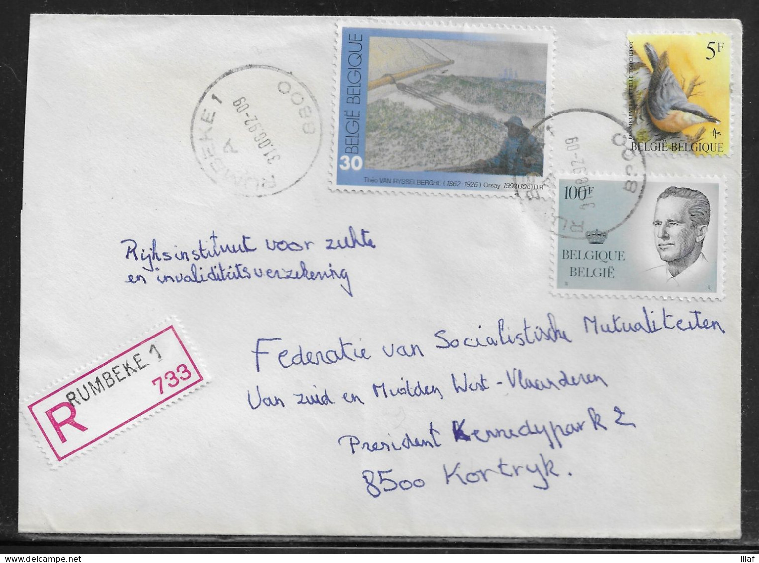 Belgium. Stamps Mi. 2187, Mi. 2346, Mi. 2516 On Registered Letter Sent From Rumbeke On 31.08.1992 For Kortrijk. - Cartas & Documentos