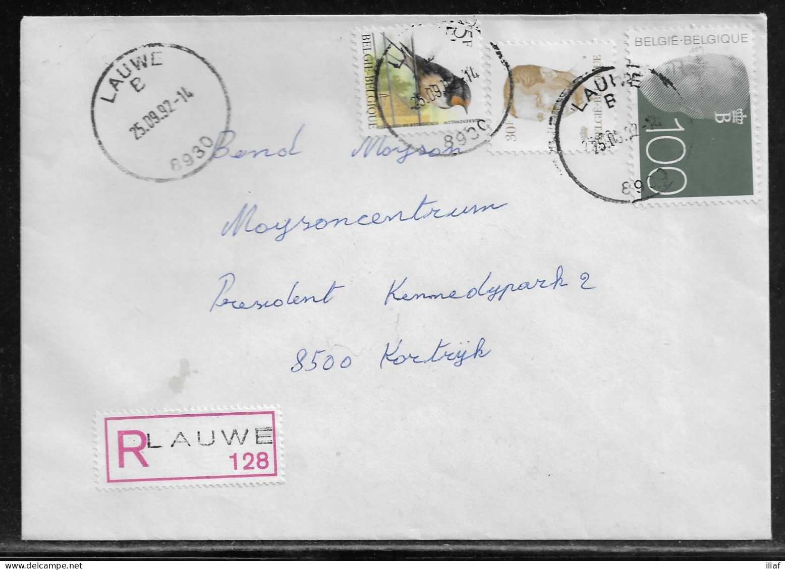 Belgium. Stamps Mi. 2527, Mi. 2533, Mi. 2212 On Registered Letter Sent From Lauwe On 25.09.1992 For Kortrijk. - Briefe U. Dokumente