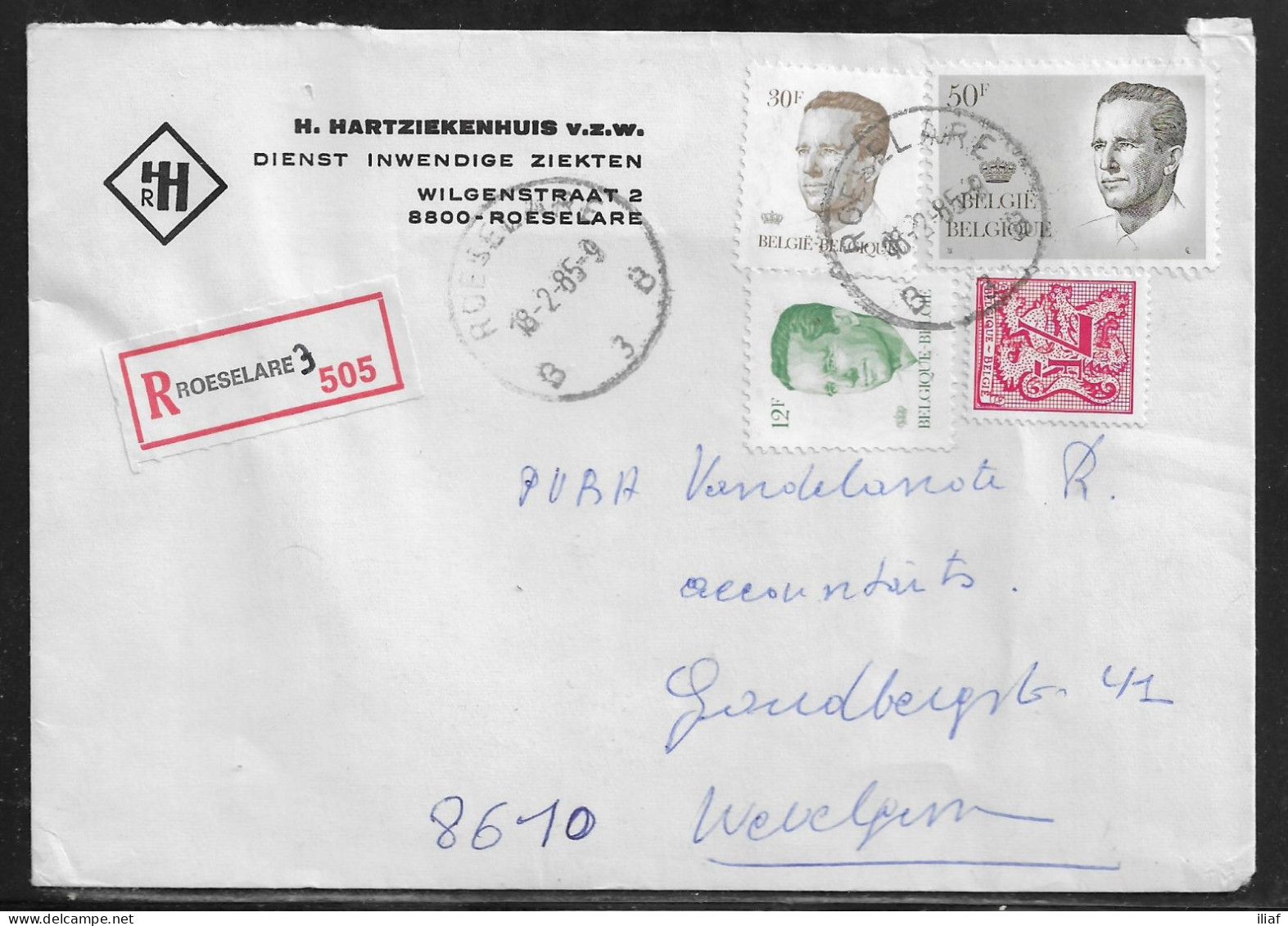 Belgium. Stamps Mi. 2165, Mi. 2178, Mi. 2179, Mi. 2103 On Registered Letter Sent From Roeselare On 18.02.1985 For Wevelg - Cartas & Documentos
