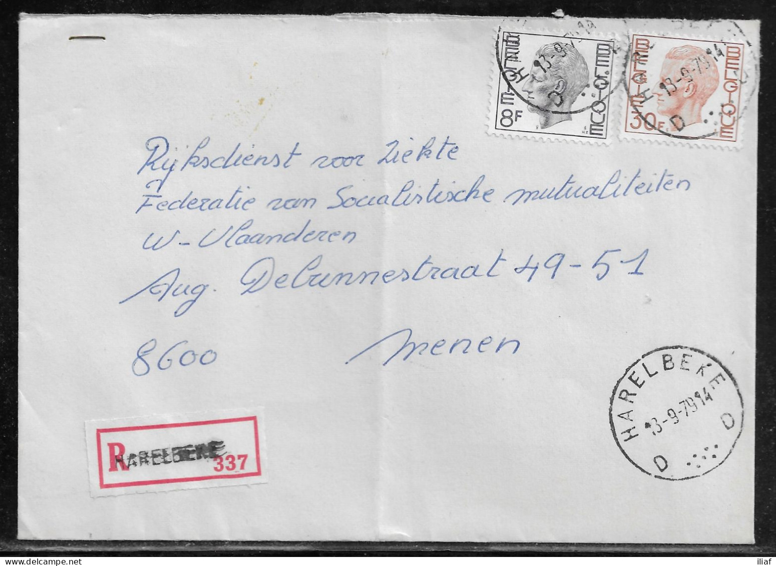 Belgium. Stamps Mi. 1956, Mi. 1703 On Registered Letter Sent From Harelbeke On 13.09.1979 For Menen - Storia Postale