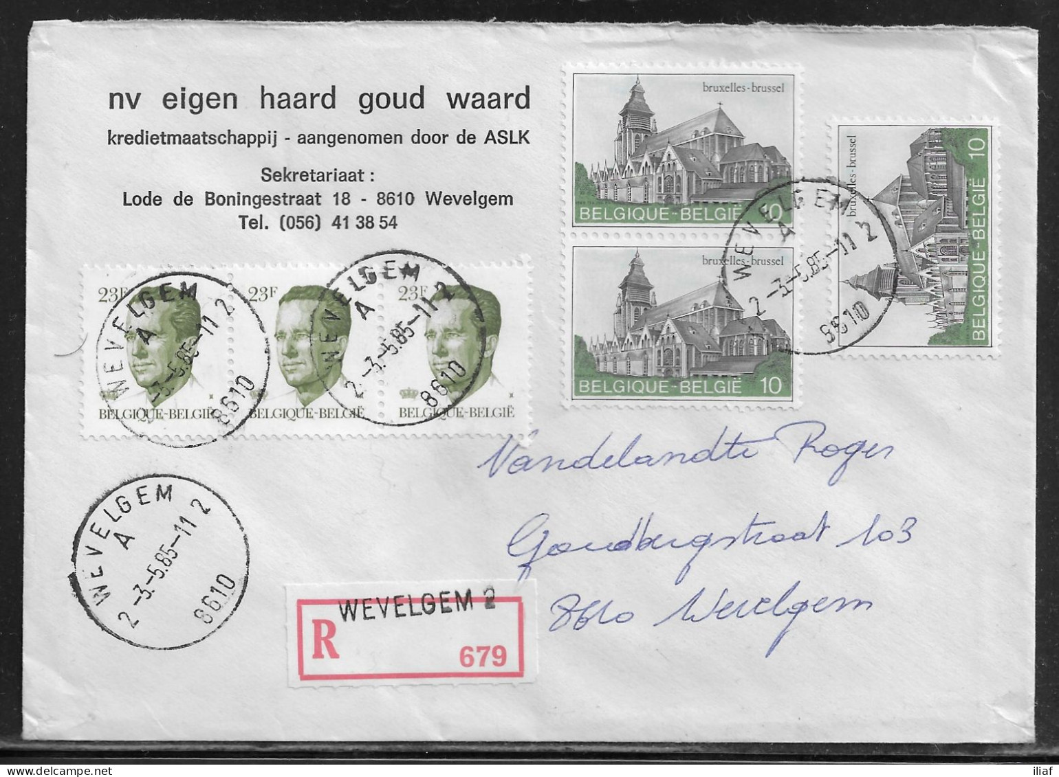 Belgium. Stamps Mi. 2212, Mi. 2190 On Registered Letter Sent From Wevelgem On 3.05.1985 For Wevelgem - Storia Postale