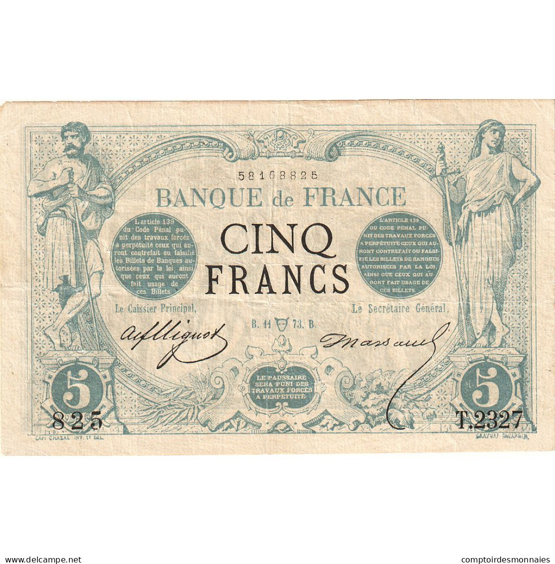 France, 5 Francs, Noir, 1873, T.2327, TTB, Fayette:01.17, KM:60 - ...-1889 Tijdens De XIXde In Omloop