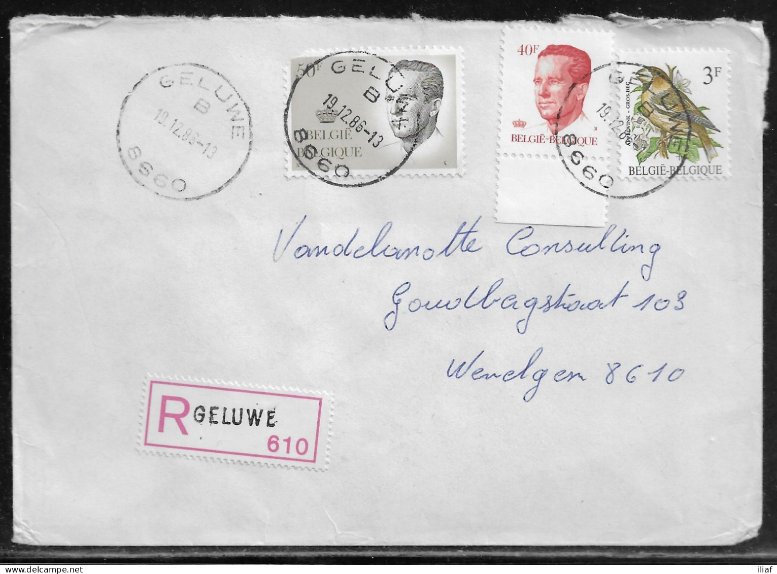 Belgium. Stamps Mi. 2241 Mi. 2179, Mi. 2188 On Registered Letter Sent From Geluwe On 19.12.1986 For Wevelgem - Cartas & Documentos