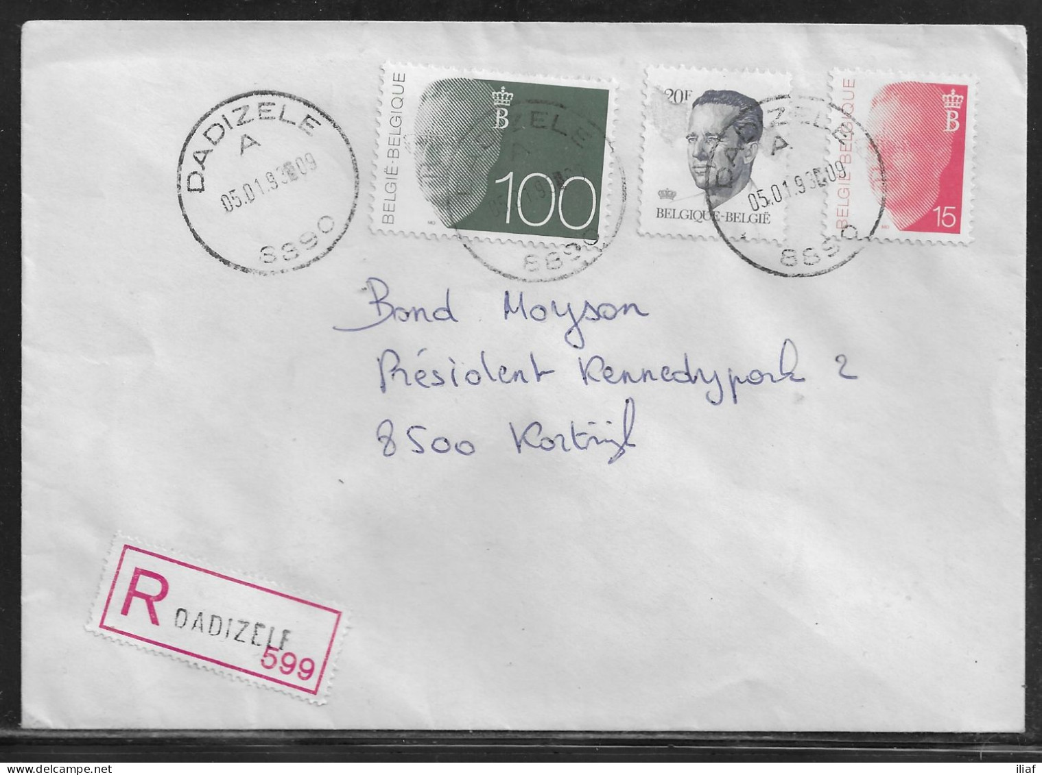 Belgium. Stamps Mi. 2187, Mi. 2510, Mi. 2533 On Registered Letter Sent From Dadizele On 5.01.1993 For Kortrijk - Briefe U. Dokumente