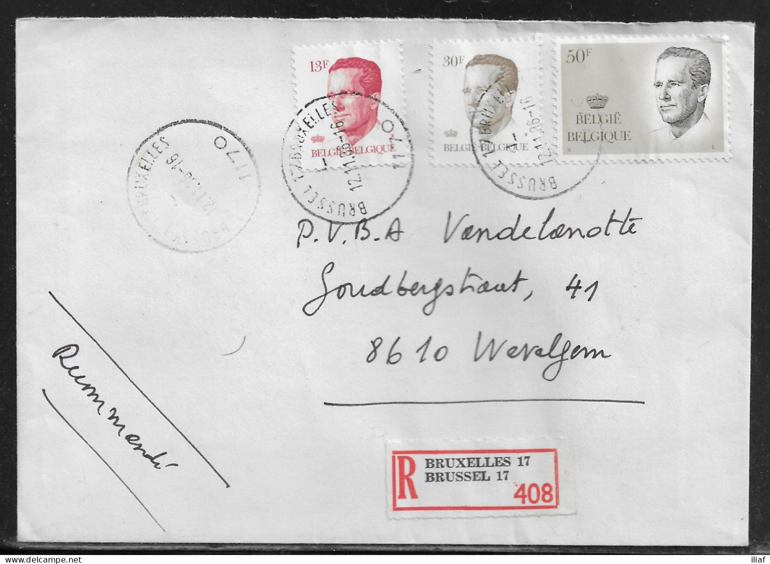 Belgium. Stamps Mi. 2403, Mi. 2255, Mi. 2179 On Registered Letter Sent From Brussel On 12.11.1986 For Wevelgem - Briefe U. Dokumente