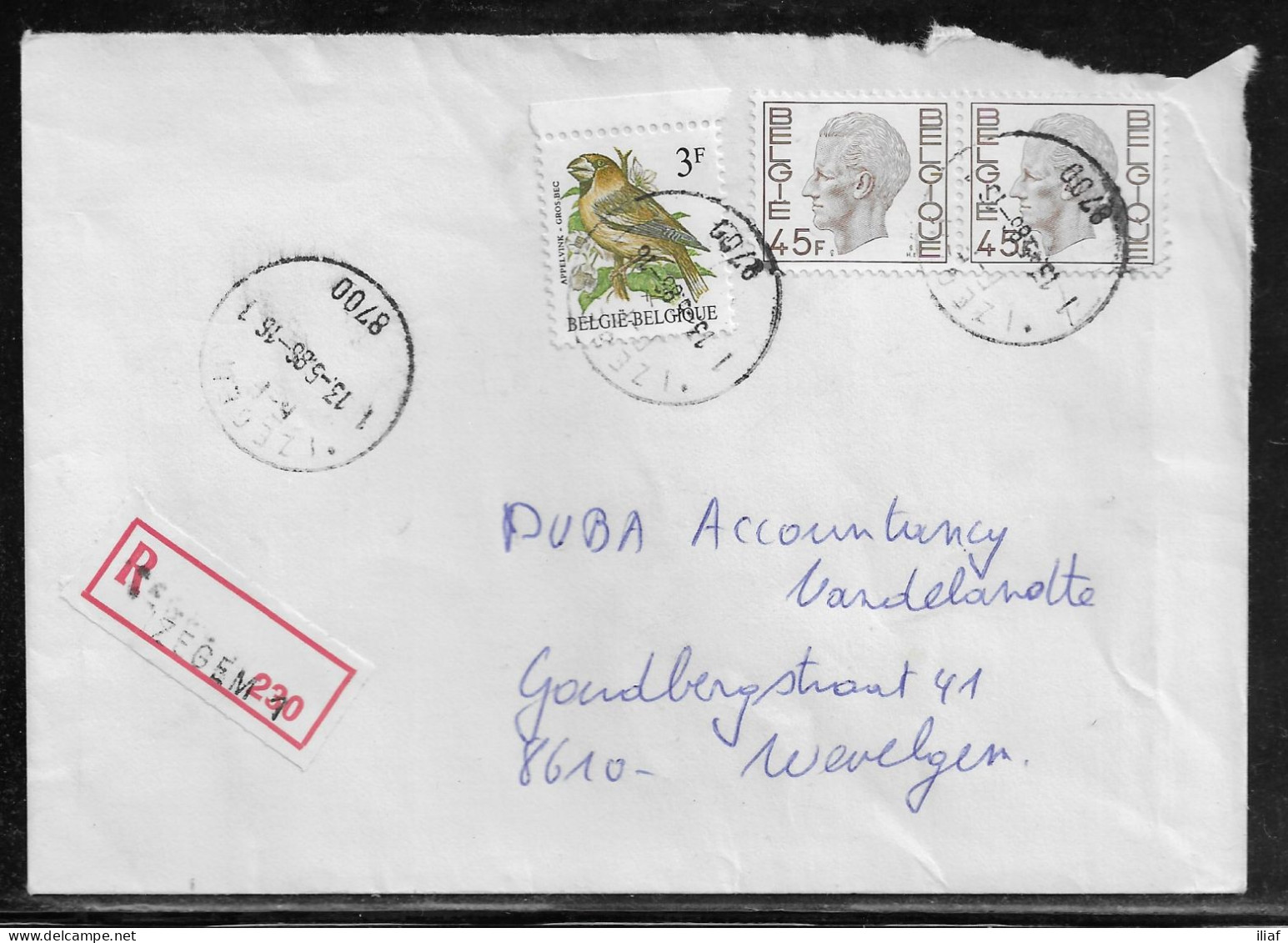 Belgium. Stamps Mi. 2141, Mi. 2037 On Registered Letter Sent From Izegem On 13.05.1986 For Wevelgem - Cartas & Documentos