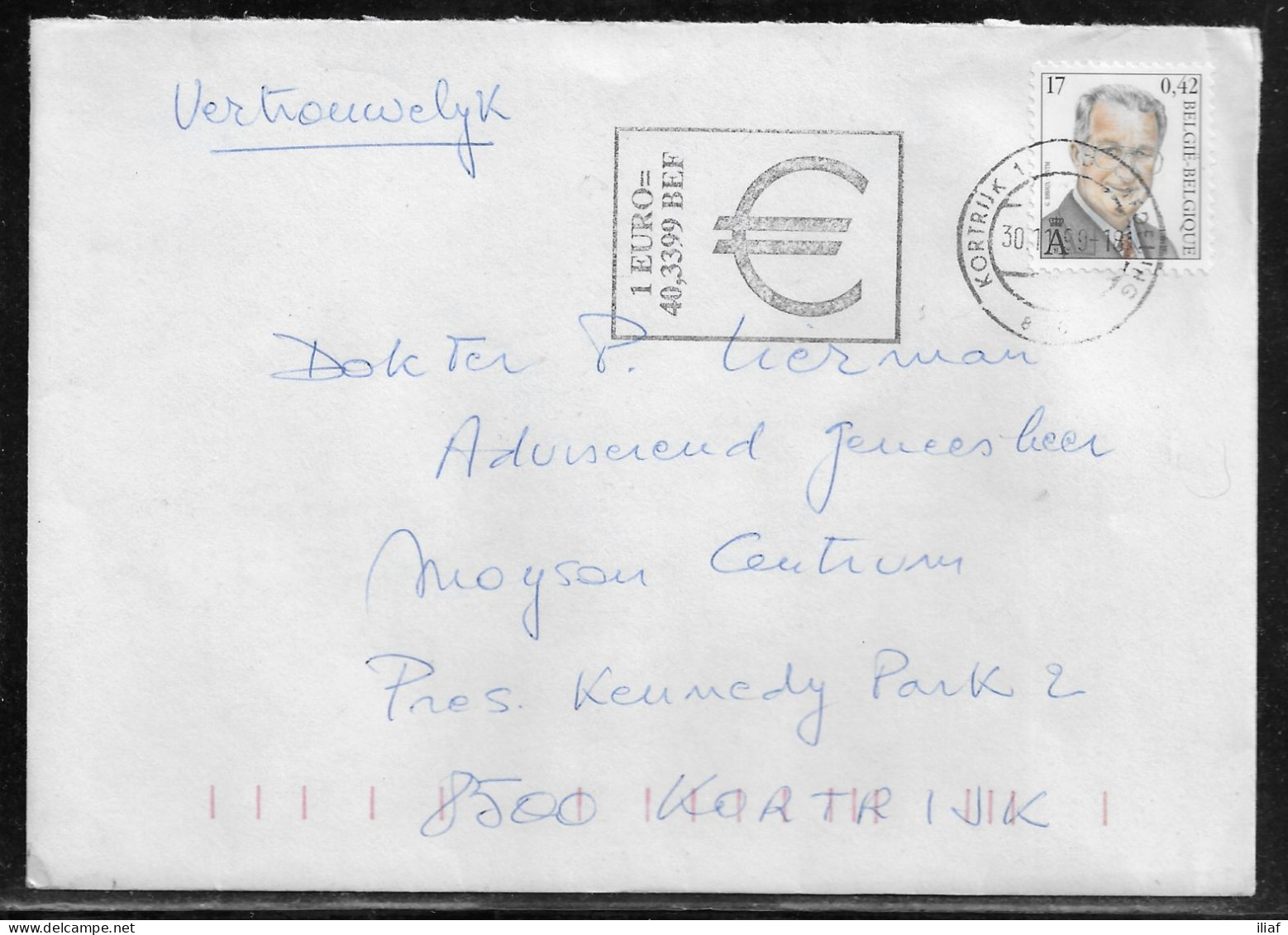 Belgium. Stamp Mi. 2892 On Letter Sent From Kortrijk On 30.11.1999 For Kortrijk - Briefe U. Dokumente