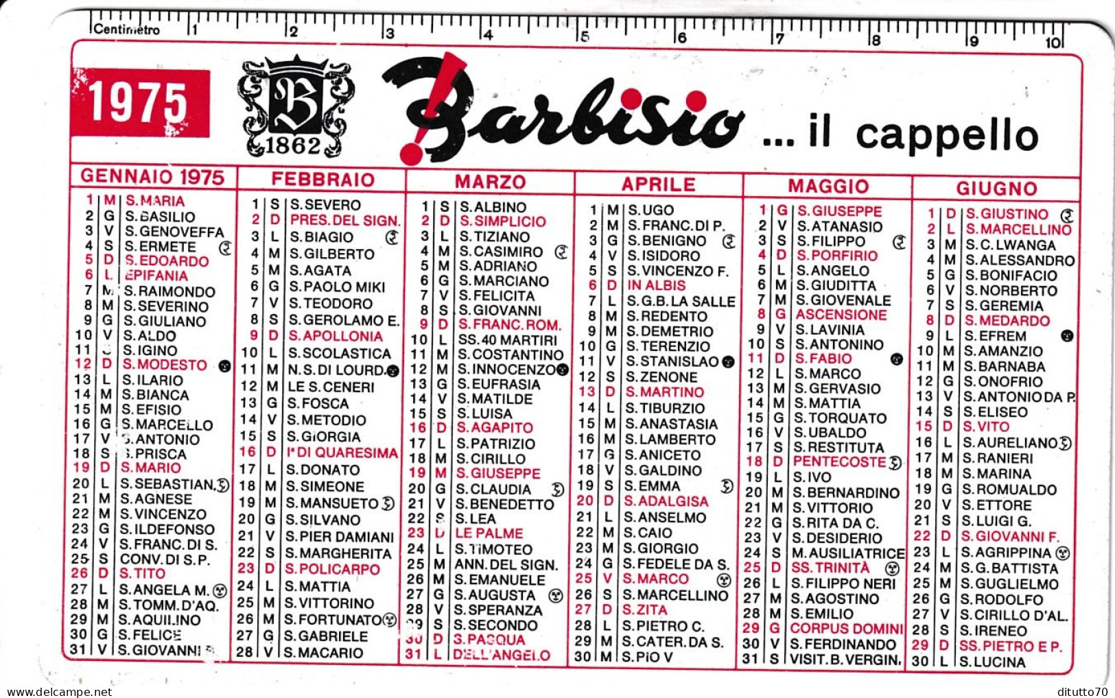 Calendarietto - Barbisio Il Cappello - Anno 1975 - Petit Format : 1971-80