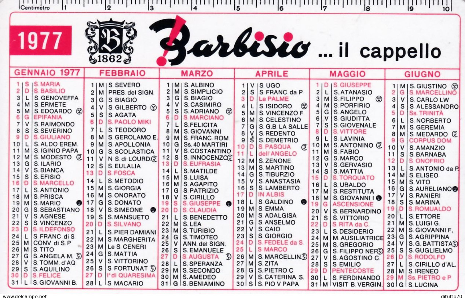 Calendarietto - Barbisio Il Cappello - Anno 1977 - Petit Format : 1971-80