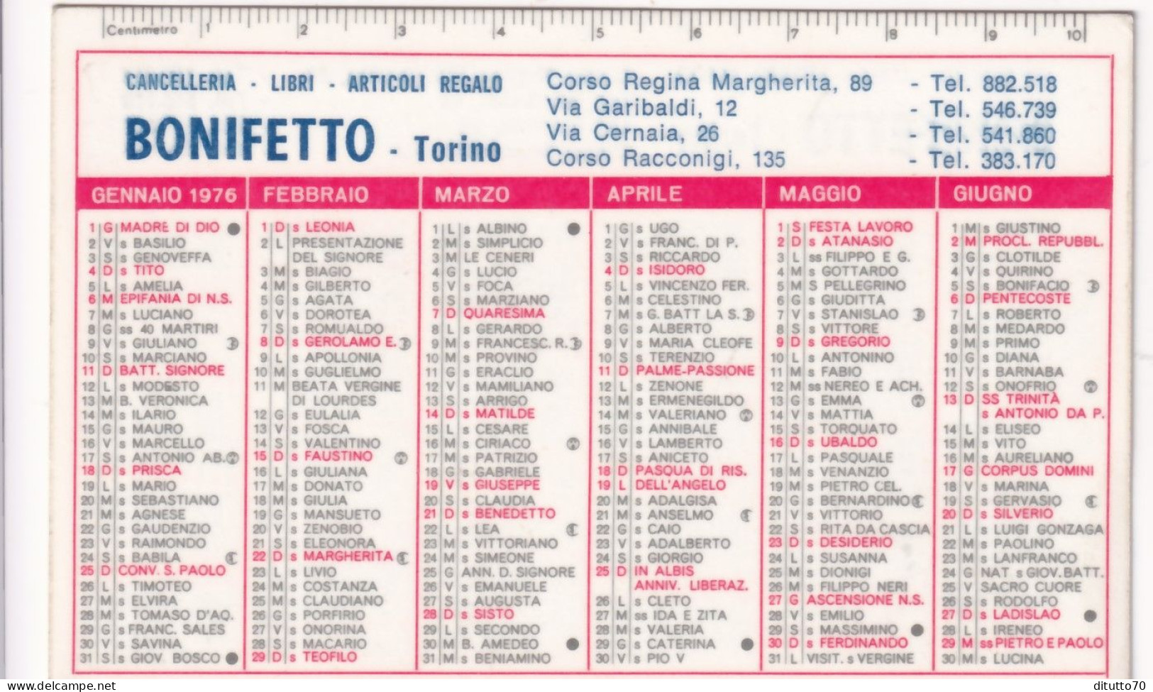 Calendarietto - Cancelleria - Libri Bonifetto - Torino - Anno 1976 - Petit Format : 1971-80