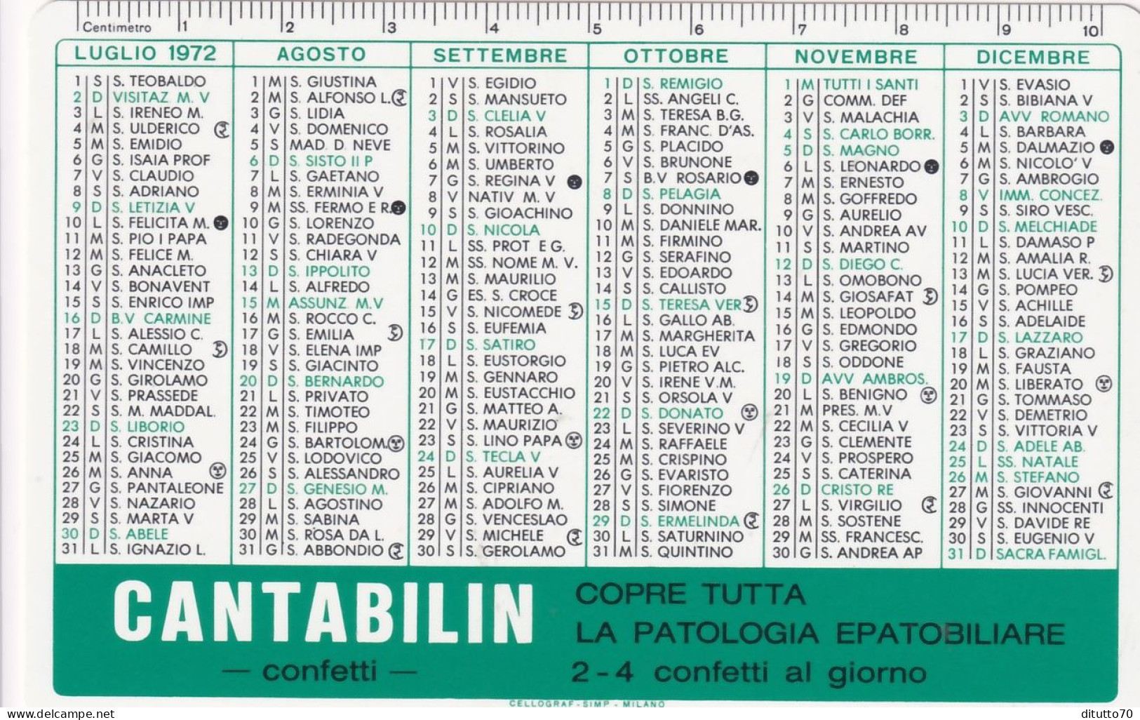 Calendarietto - Cantabilin - Dott.fornetti S.p.a. - Industria Chimica E Farmaceutica - Milano - Anno 1972 - Petit Format : 1971-80