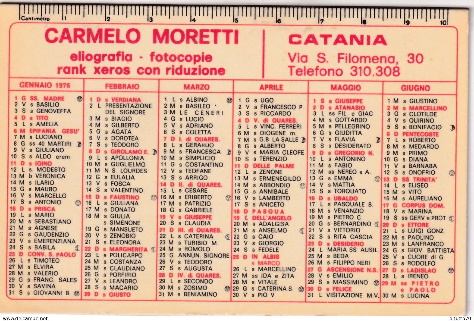 Calendarietto - Carmelo Moretti - Catania - Anno 1976 - Petit Format : 1971-80