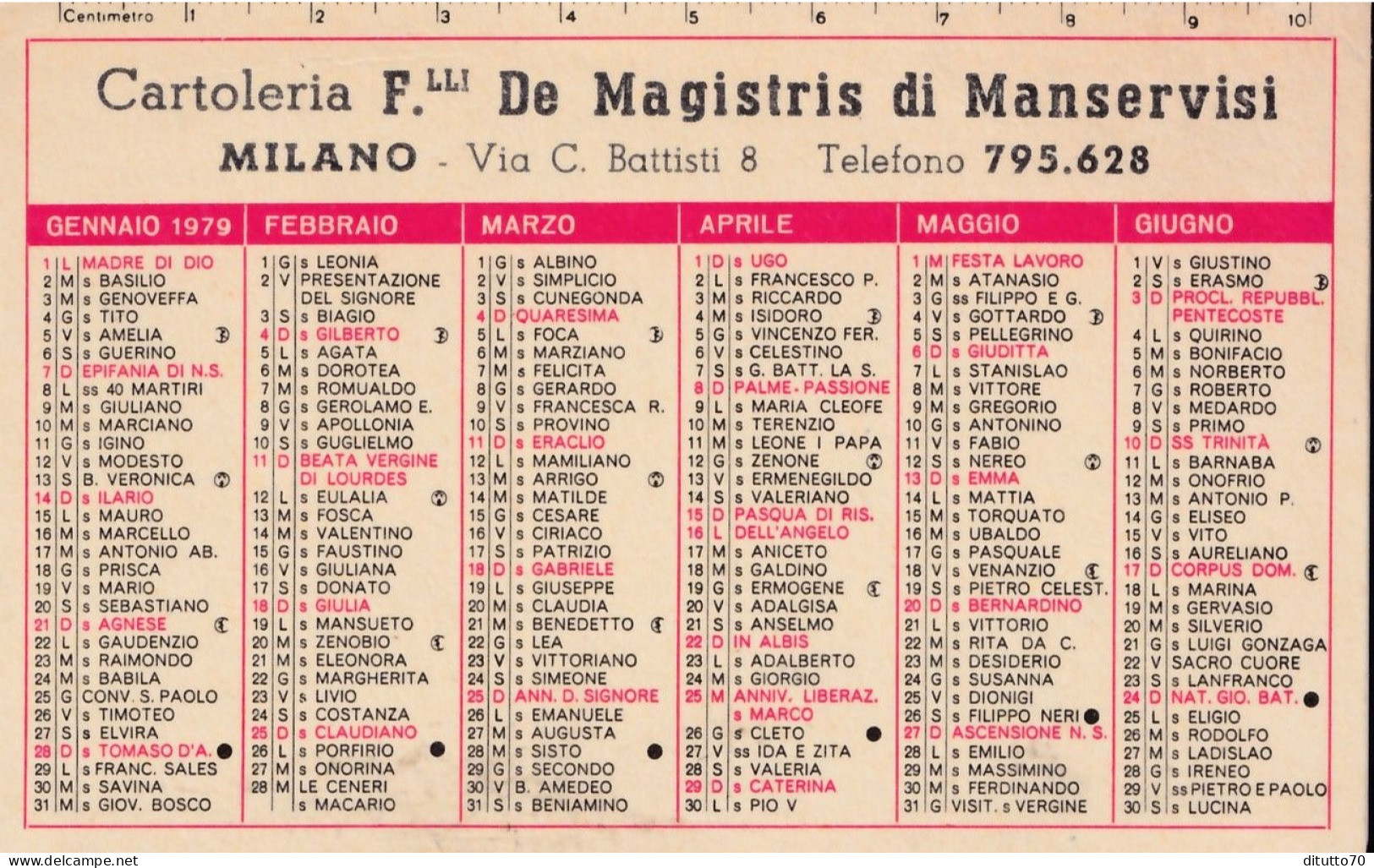 Calendarietto - Cartoleria F.llii De Magistris Di Manservisi - Milano - Anno 1979 - Petit Format : 1971-80