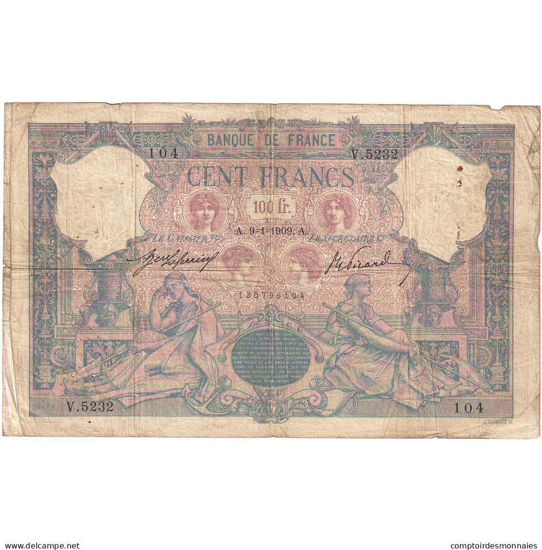 France, 100 Francs, Bleu Et Rose, 1909, V.5232, TB, Fayette:21.24, KM:65e - 100 F 1888-1909 ''Bleu Et Rose''
