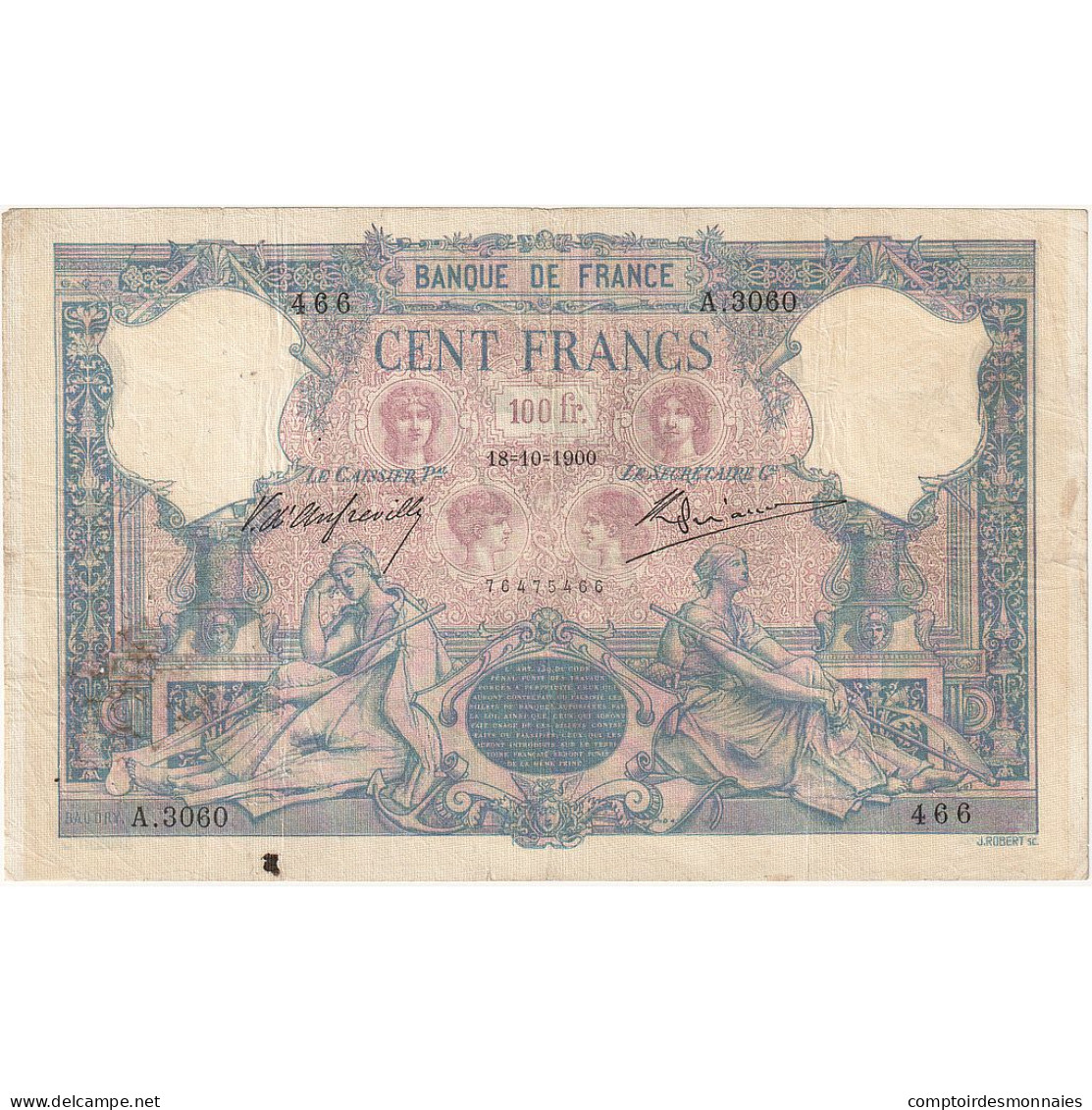 France, 100 Francs, Bleu Et Rose, 1900, A.3060, TTB, Fayette:21.14, KM:65c - 100 F 1888-1909 ''Bleu Et Rose''